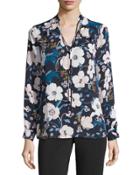 Tie-neck Floral-print Blouse, Dark Navy