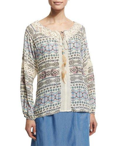 Printed Peasant Top W/ Feather