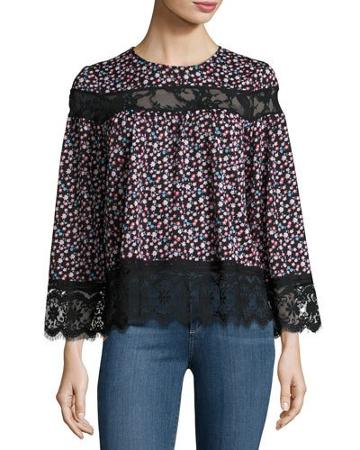 Lace-inset Long-sleeve Floral-print Blouse, Black Pattern