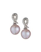 14k White Gold Diamond Loop & Pearl-drop Earrings