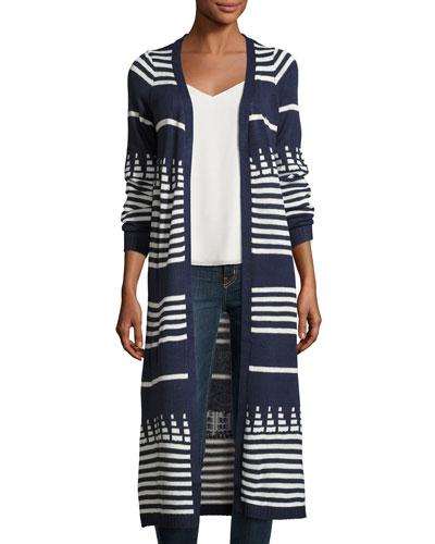 Open-front Striped Long Cardigan, Blue/white