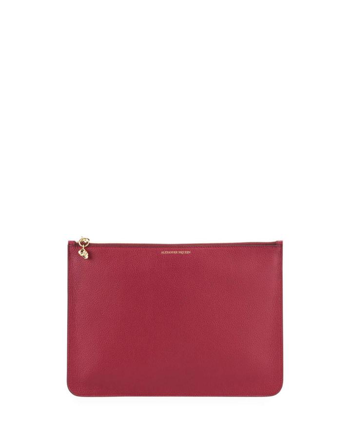 Pebbled Leather Skull Zip Pouch Bag