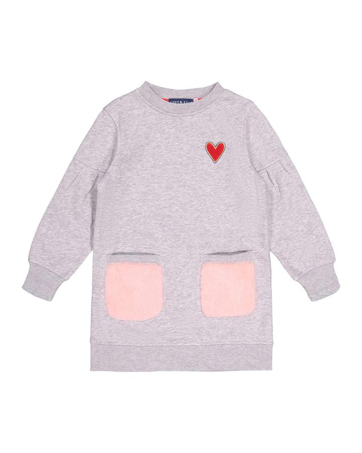 Girl's French Terry Sweatshirt Dress W/ Faux Fur Pockets,