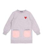 Girl's French Terry Sweatshirt Dress W/ Faux Fur Pockets,