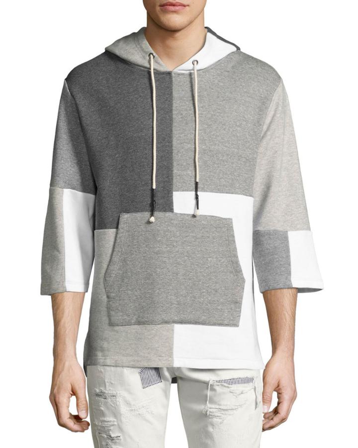 Patchwork 3/4-sleeve Hooded Sweatshirt, Gray Pattern