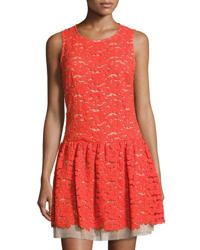 Floral Lace Drop-waist Dress, Hot Pepper