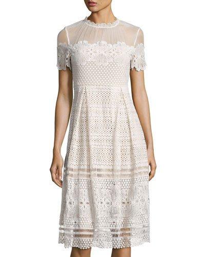 Short-sleeve Mock-neck Lace Dress, White