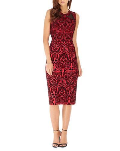 Printed Mesh-panel Sleeveless Scuba Dress, Black/red