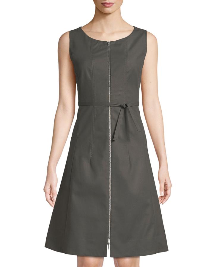 Coralie Belted Zip-front Fit-&-flare Dress, Gray