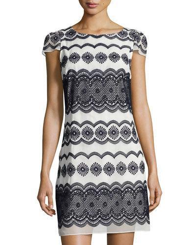 Boat-neck Embroidered Shift Dress, Blue/white