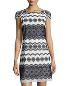 Boat-neck Embroidered Shift Dress, Blue/white