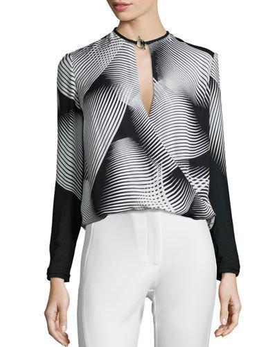 Long-sleeve Graphic-print Draped Blouse