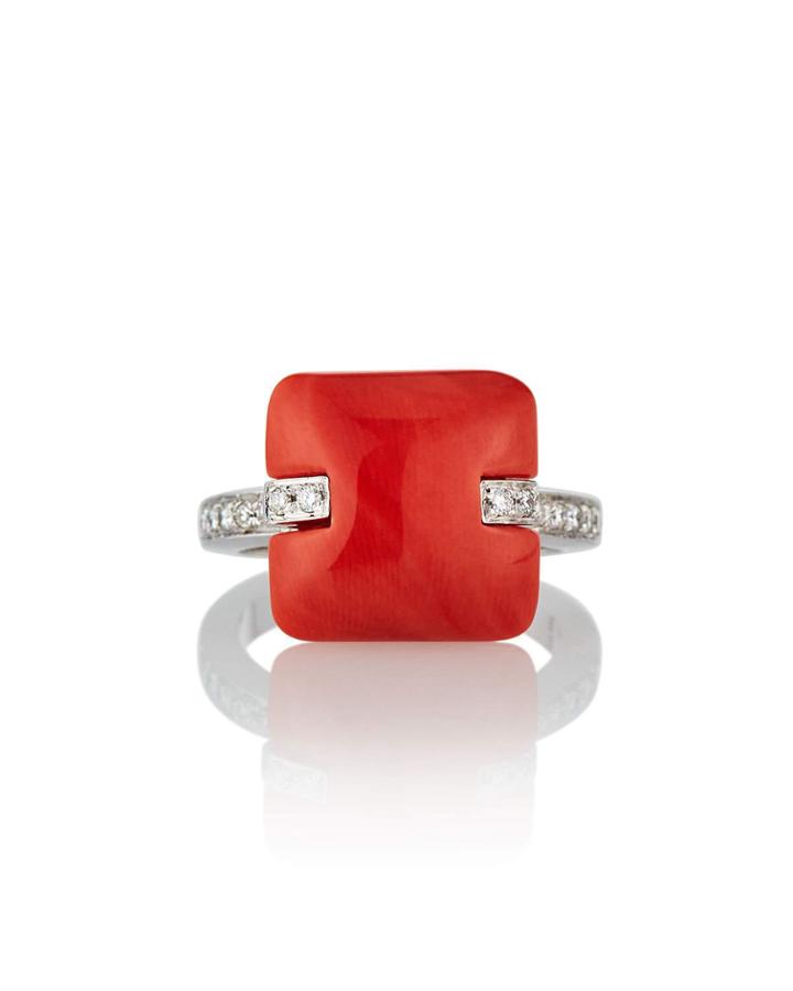 Estate 18k White Gold Diamond & Coral Ring,