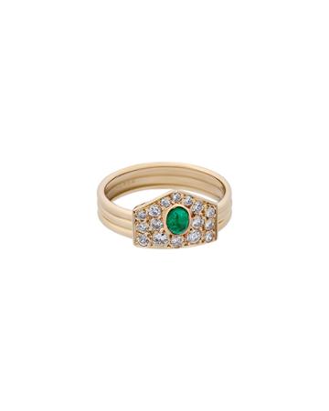 Estate 18k Yellow Gold Emerald And Diamond Ring,
