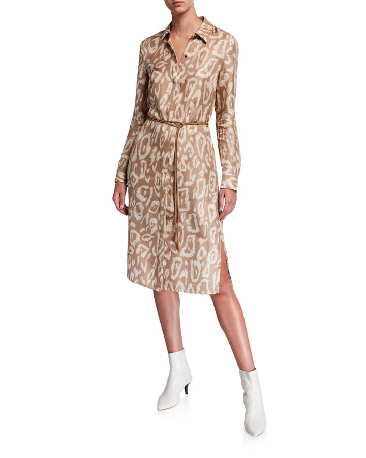 Painted Leopard Long-sleeve Silk Shirtdress W/