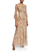 Flutter-sleeve Beaded Tulle Illusion Gown