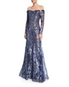 Metallic Lace Off-the-shoulder Long-sleeve A-line Gown