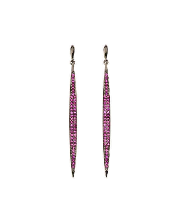 Black Silver Linear Drop Earrings With Ruby
