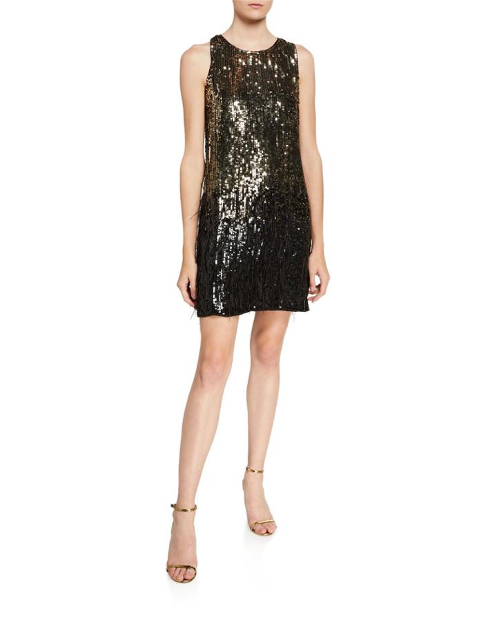 Allegra Ombre Beaded Sleeveless Mini Shift Dress W/ Feather Trim