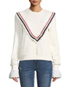 Striped-v Cotton Sweatshirt With Ruffle Trim