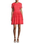 Short-sleeve Graphic Striped Eyelet Dress, Pink