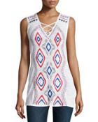 Embroidered Lace-up Tank, White