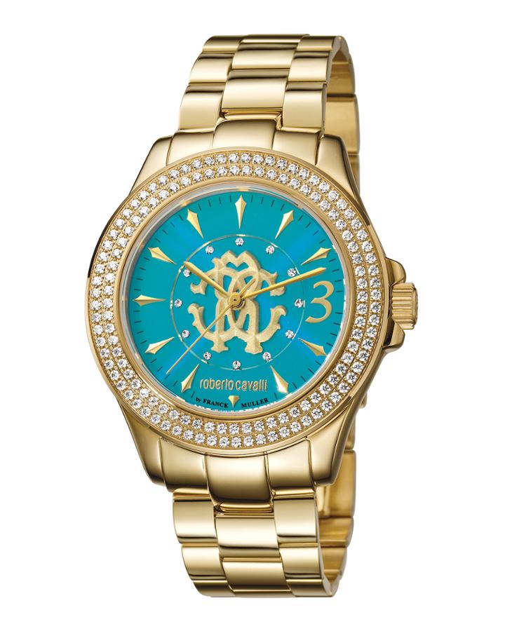 41.5mm Pave Crystal Yellow Golden Stainless Steel Bracelet Watch, Teal