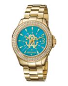 41.5mm Pave Crystal Yellow Golden Stainless Steel Bracelet Watch, Teal