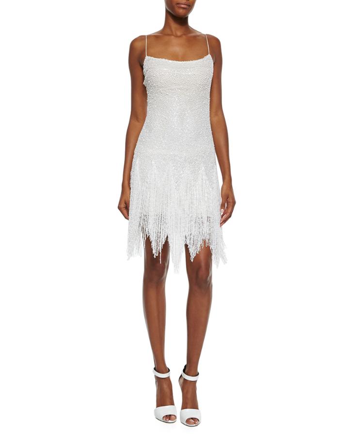 Allover Beaded Fringe-skirt Dress, White