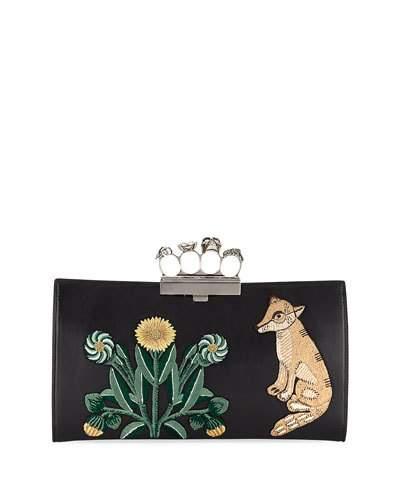 Embroidered Flat Leather Clutch Bag, Black