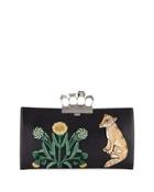 Embroidered Flat Leather Clutch Bag, Black