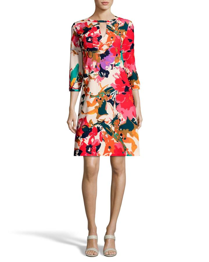 3/4-sleeve Abstract-floral A-line Dress
