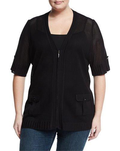 Sheer Zip-front Knit Jacket, Black,