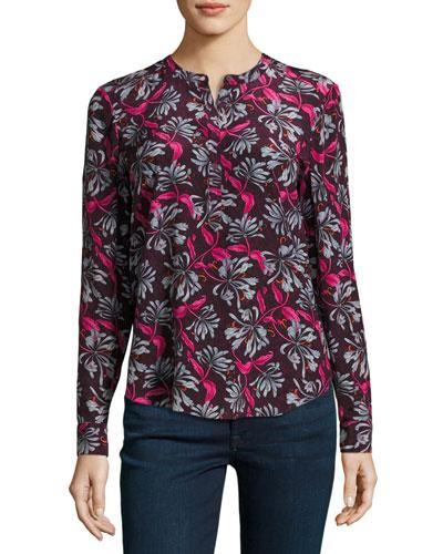 Silk Mystic Garden Long-sleeve Top, Purple Pattern