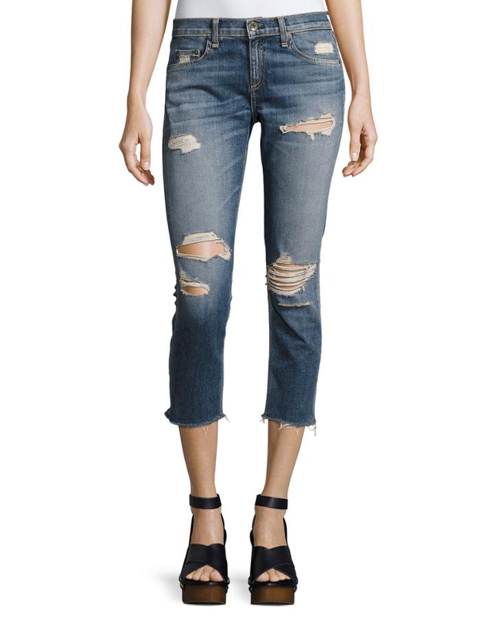 Dre Capri Distressed Denim Jeans, Indigo