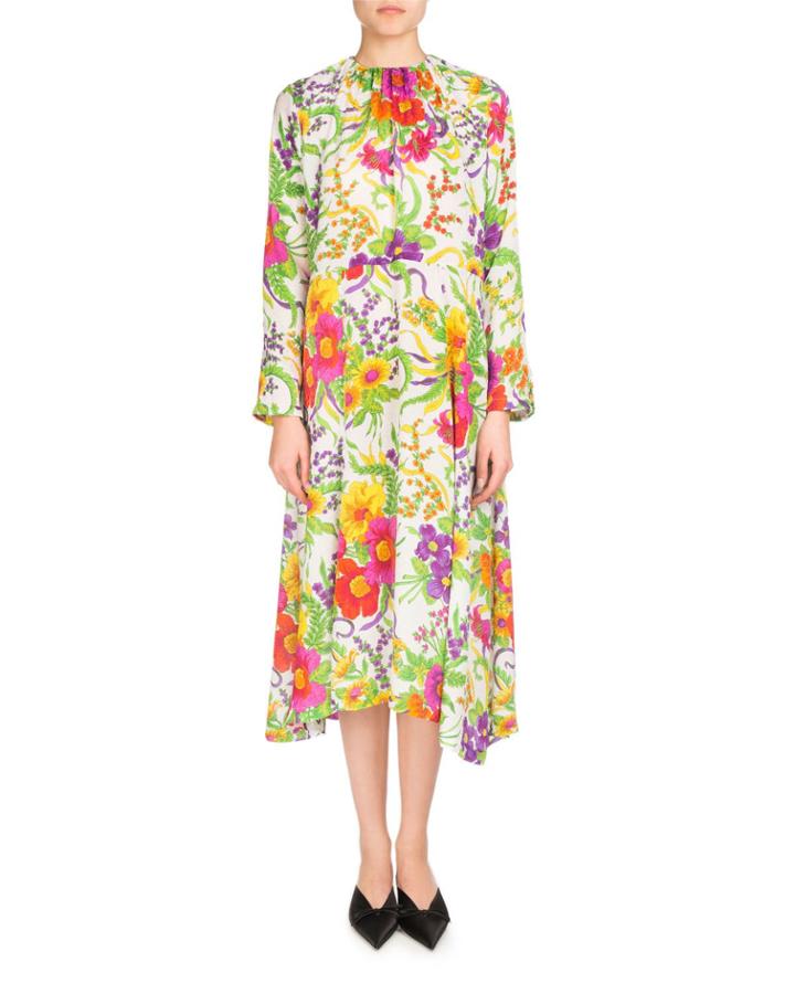 Grand Floral Jacquard Long-sleeve Dress, White/green