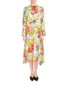 Grand Floral Jacquard Long-sleeve Dress, White/green