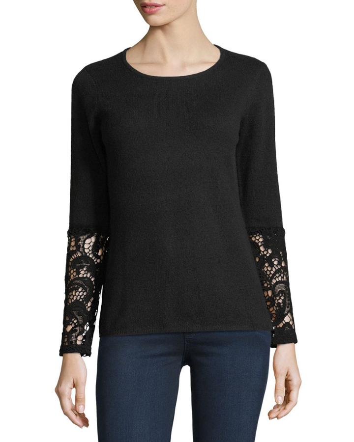 Crochet-cuff Cashmere Crewneck
