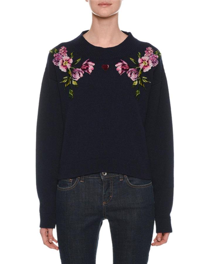 Crewneck Long-sleeve Cashmere Sweater With Floral & Heart Applique