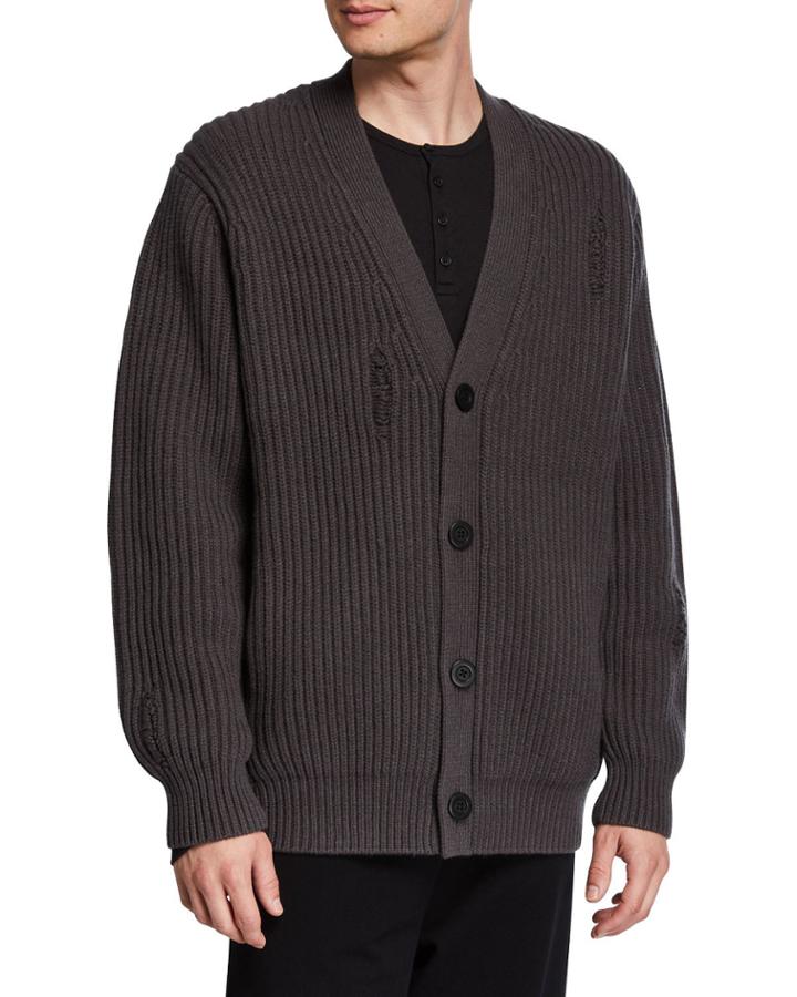 Men's V-neck Button-front Distressed Rib Cardigan