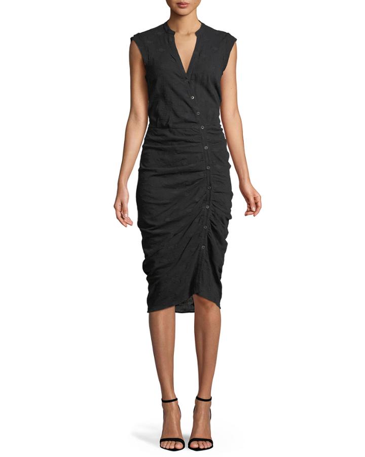 Sleeveless Button-down Ruched Dobby Cotton