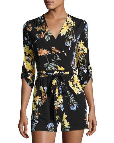 3/4-sleeve Floral-print Romper, Black Pattern