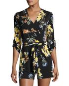 3/4-sleeve Floral-print Romper, Black Pattern