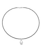 Diamond Hamsa Pendant Necklace W/ 18k White Gold, Black/gray