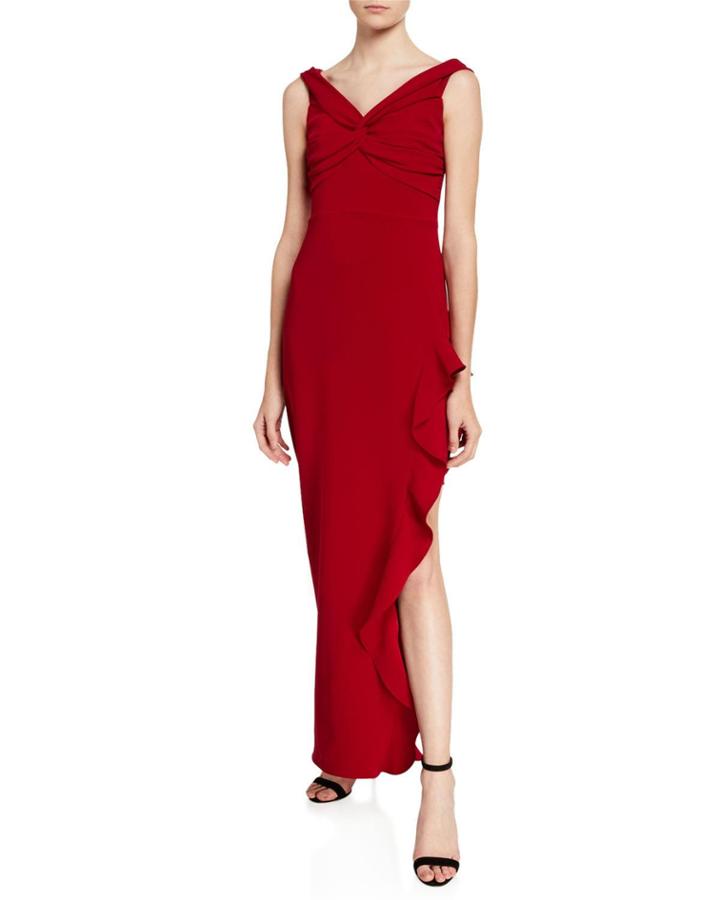 Wells V-neck Sleeveless Side Ruffle Column Gown