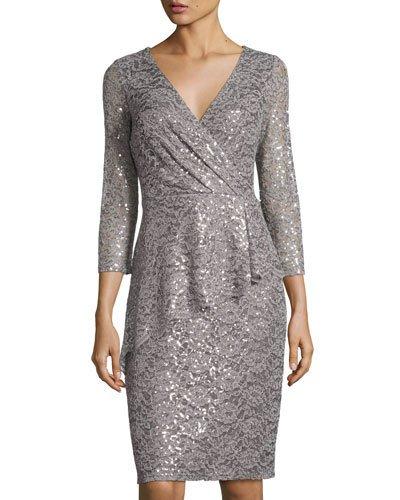 Short Faux-wrap Sequined Lace Dress,