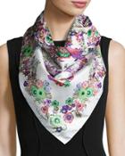 Floral Silk Satin Square Scarf, Pink/white