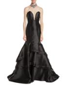 Strapless Sweetheart Tiered Gown W/ Embellished Choker