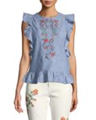 Embroidered Butterfly-sleeve Open-back Blouse