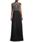 Cap-sleeve Beaded Pleated Bateau-neck Evening Gown